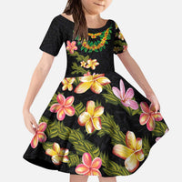 Hawaiian Lei Plumeria and Tropical Leaves Kid Short Sleeve Dress Watercolor Style LT03 KID Black - Polynesian Pride