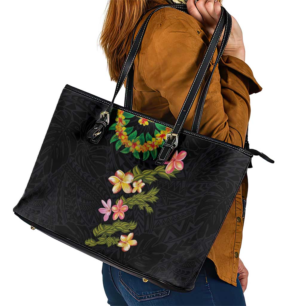 Hawaiian Lei Plumeria and Tropical Leaves Leather Tote Bag Watercolor Style