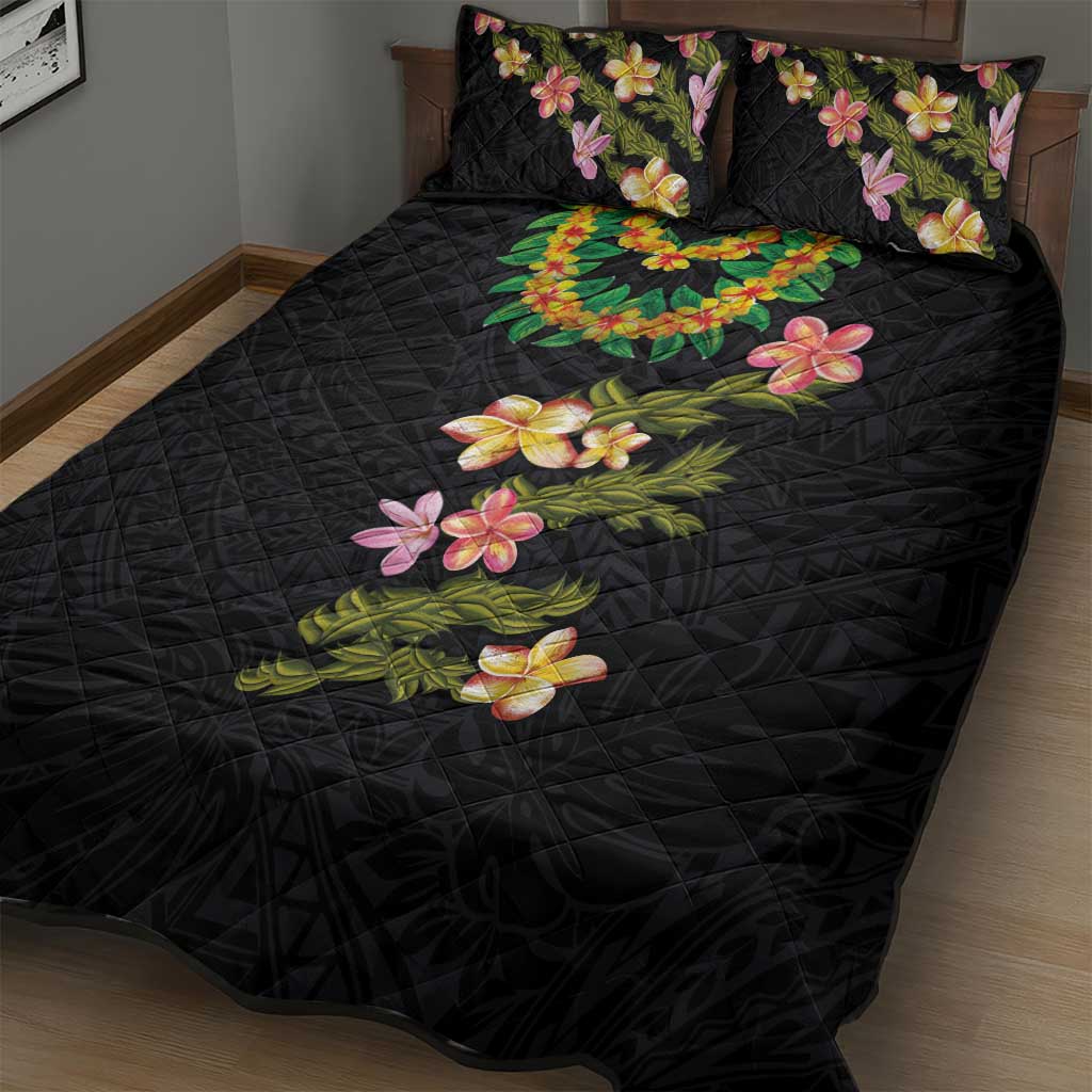 Hawaiian Lei Plumeria and Tropical Leaves Quilt Bed Set Watercolor Style