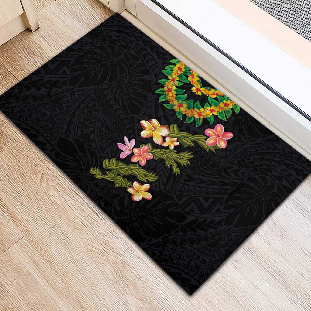 Hawaiian Lei Plumeria and Tropical Leaves Rubber Doormat Watercolor Style