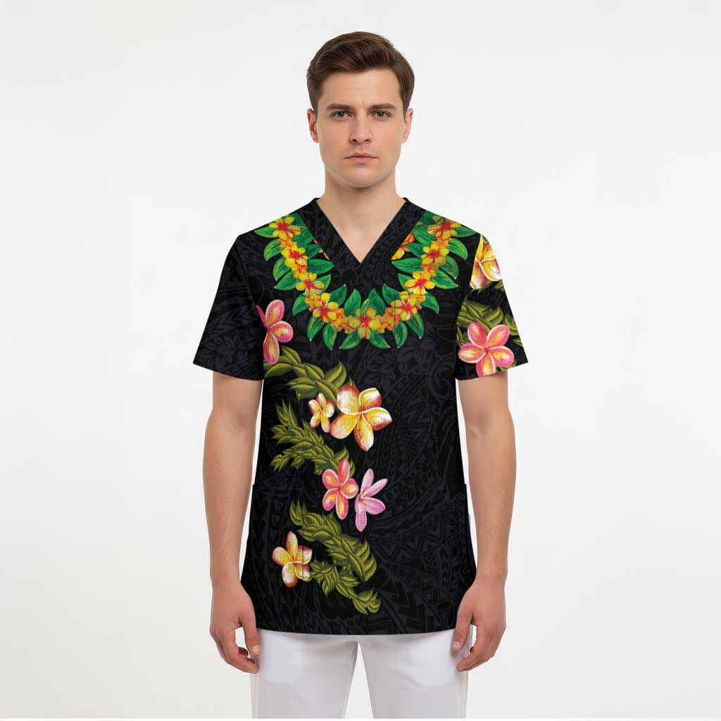 Hawaiian Lei Plumeria and Tropical Leaves Scrub Top Watercolor Style - Polynesian Pride