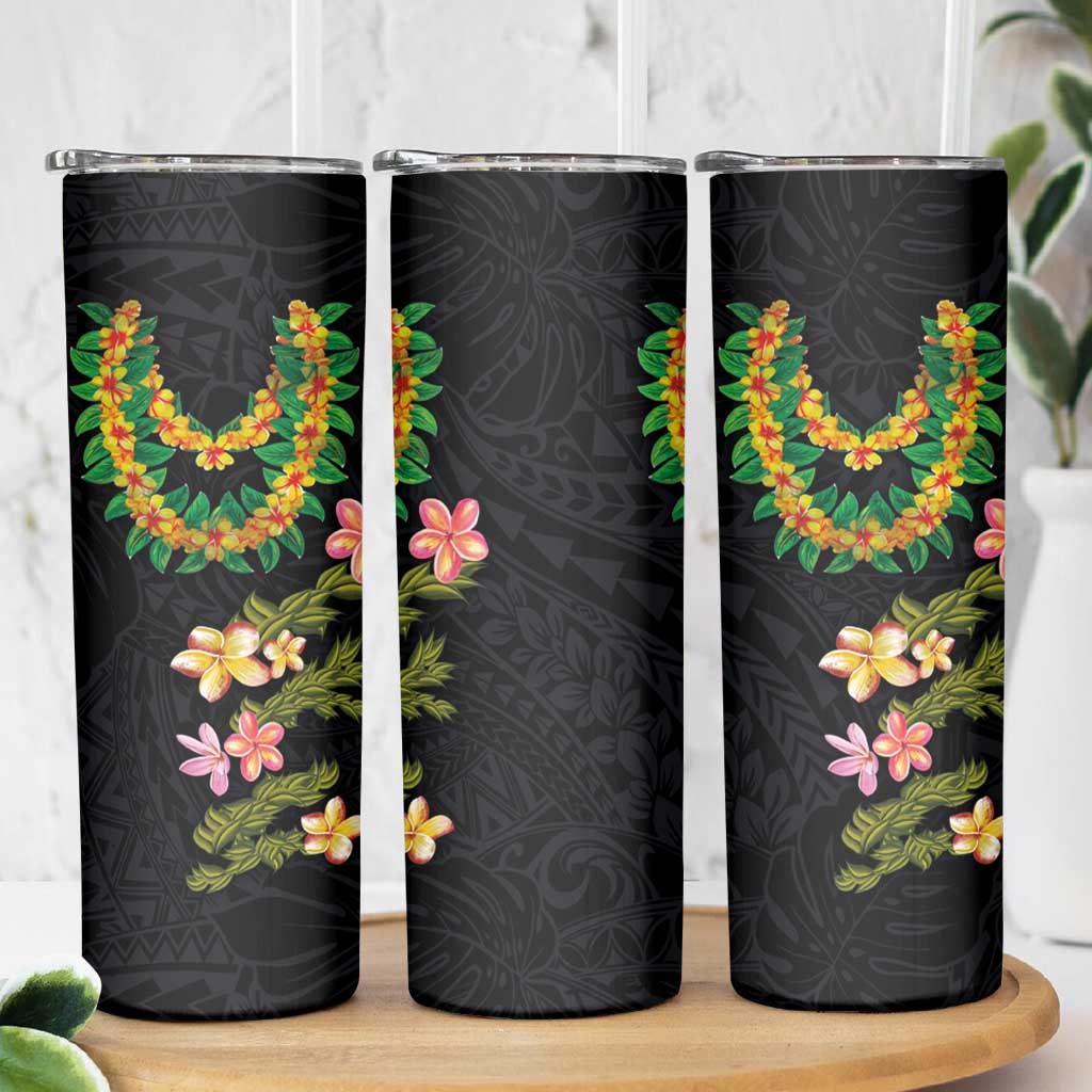Hawaiian Lei Plumeria and Tropical Leaves Skinny Tumbler Watercolor Style