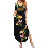 Hawaiian Lei Plumeria and Tropical Leaves Summer Maxi Dress Watercolor Style