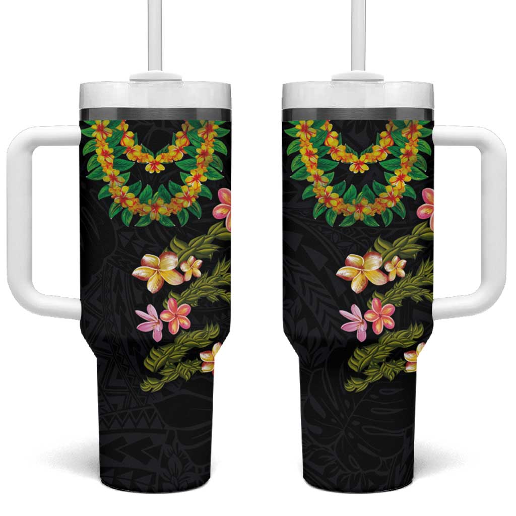 Hawaiian Lei Plumeria and Tropical Leaves Tumbler With Handle Watercolor Style