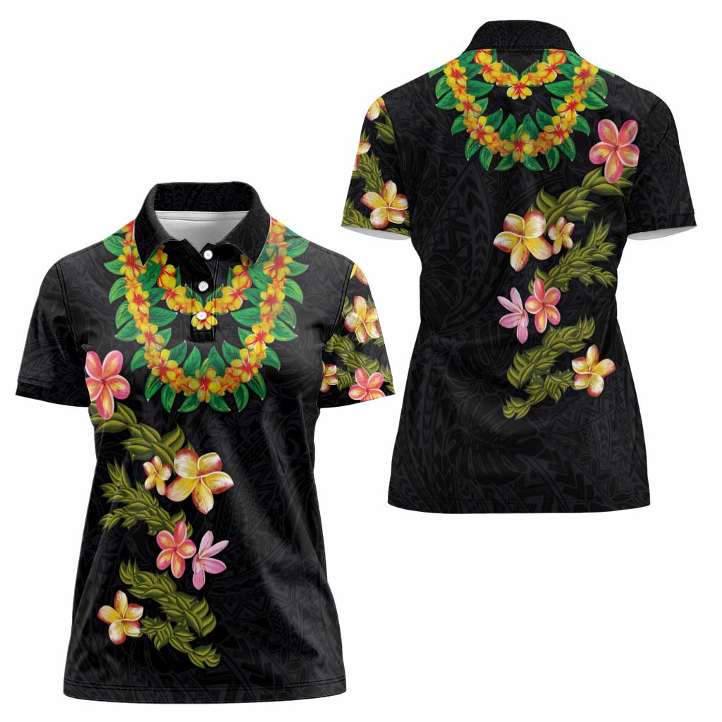 Hawaiian Lei Plumeria and Tropical Leaves Women Polo Shirt Watercolor Style
