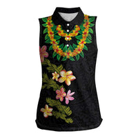 Hawaiian Lei Plumeria and Tropical Leaves Women Sleeveless Polo Shirt Watercolor Style