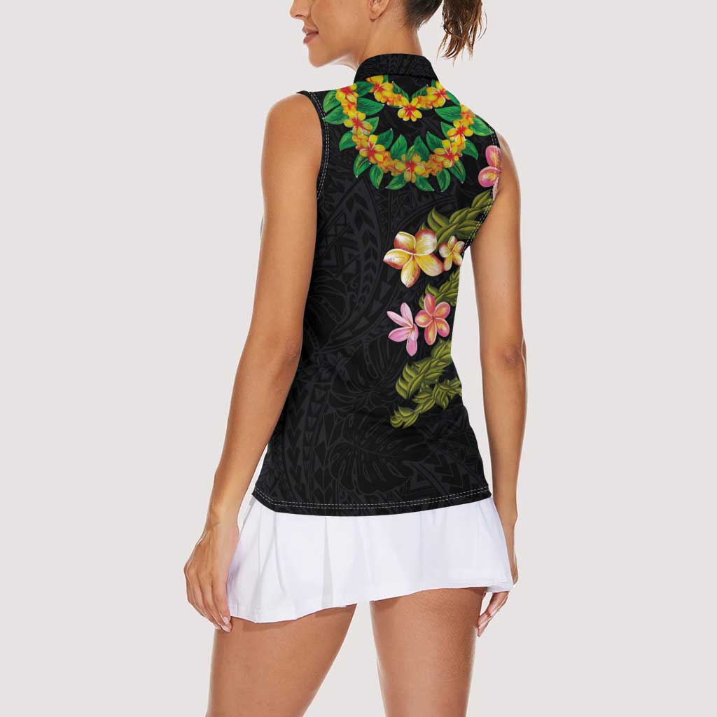 Hawaiian Lei Plumeria and Tropical Leaves Women Sleeveless Polo Shirt Watercolor Style