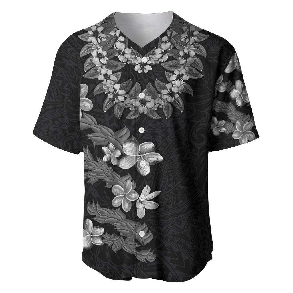 Hawaiian Lei Plumeria and Tropical Leaves Baseball Jersey Watercolor Style-Grayscale LT03 Black - Polynesian Pride