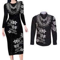 Hawaiian Lei Plumeria and Tropical Leaves Couples Matching Long Sleeve Bodycon Dress and Long Sleeve Button Shirt Watercolor Style-Grayscale