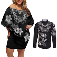 Hawaiian Lei Plumeria and Tropical Leaves Couples Matching Off Shoulder Short Dress and Long Sleeve Button Shirt Watercolor Style-Grayscale