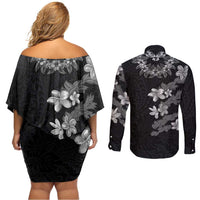 Hawaiian Lei Plumeria and Tropical Leaves Couples Matching Off Shoulder Short Dress and Long Sleeve Button Shirt Watercolor Style-Grayscale
