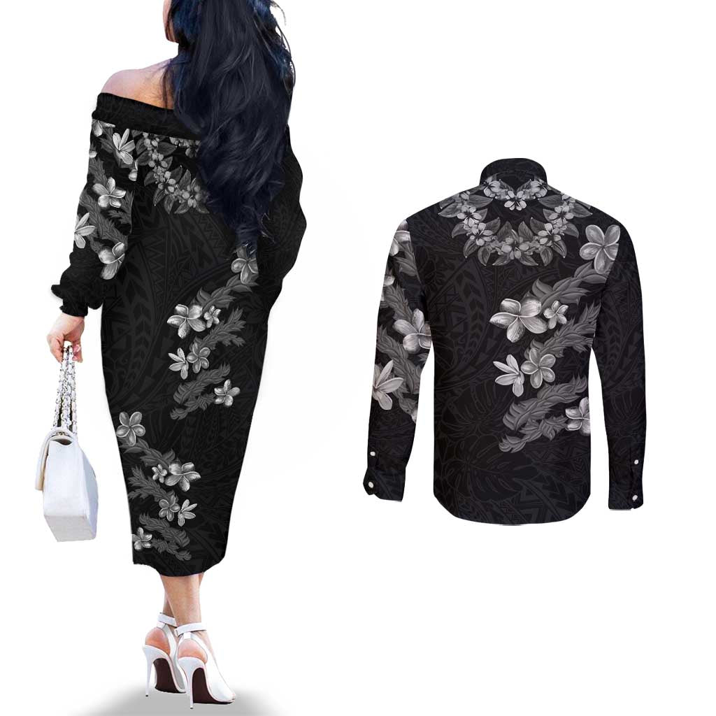 Hawaiian Lei Plumeria and Tropical Leaves Couples Matching Off The Shoulder Long Sleeve Dress and Long Sleeve Button Shirt Watercolor Style-Grayscale