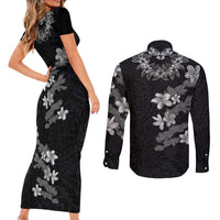 Hawaiian Lei Plumeria and Tropical Leaves Couples Matching Short Sleeve Bodycon Dress and Long Sleeve Button Shirt Watercolor Style-Grayscale