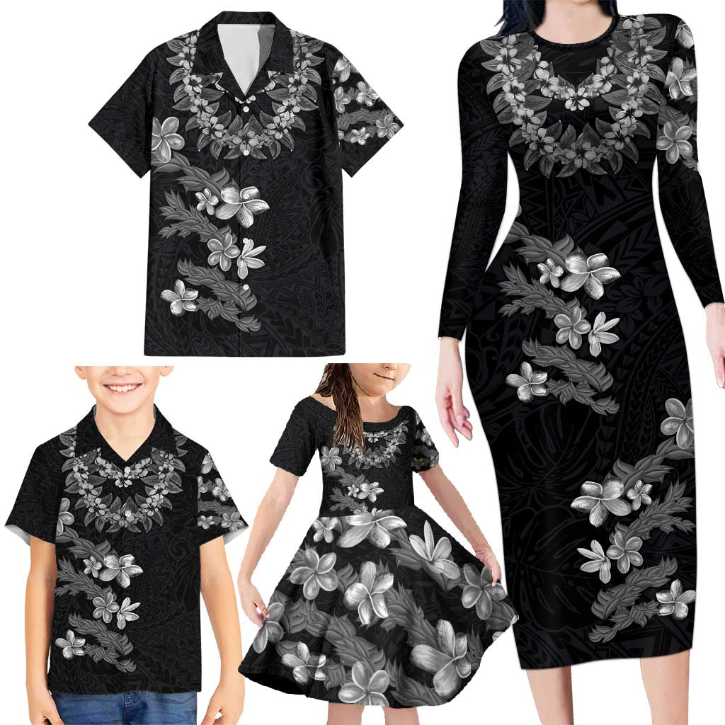 Hawaiian Lei Plumeria and Tropical Leaves Family Matching Long Sleeve Bodycon Dress and Hawaiian Shirt Watercolor Style-Grayscale