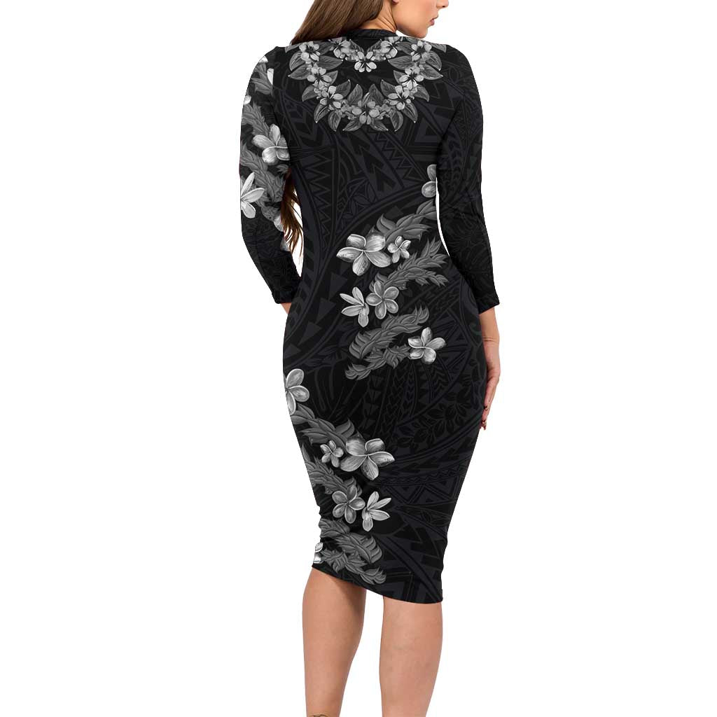 Hawaiian Lei Plumeria and Tropical Leaves Family Matching Long Sleeve Bodycon Dress and Hawaiian Shirt Watercolor Style-Grayscale