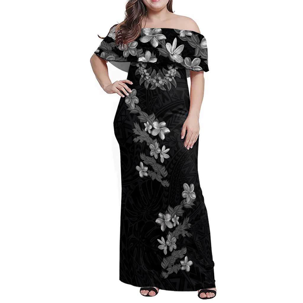 Hawaiian Lei Plumeria and Tropical Leaves Family Matching Off Shoulder Maxi Dress and Hawaiian Shirt Watercolor Style-Grayscale