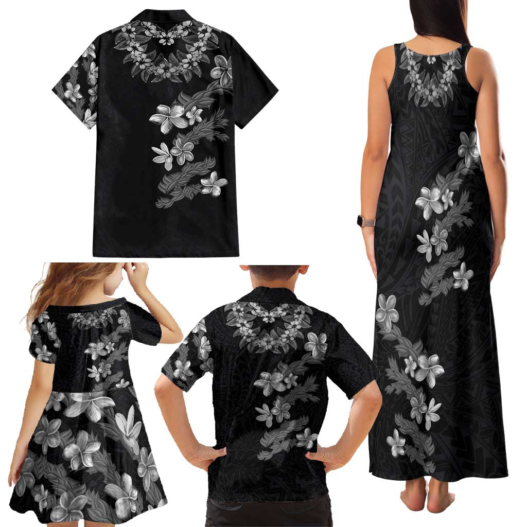 Hawaiian Lei Plumeria and Tropical Leaves Family Matching Tank Maxi Dress and Hawaiian Shirt Watercolor Style-Grayscale