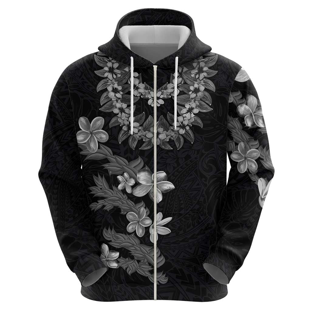 Hawaiian Lei Plumeria and Tropical Leaves Hoodie Watercolor Style-Grayscale