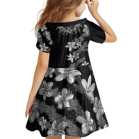 Hawaiian Lei Plumeria and Tropical Leaves Kid Short Sleeve Dress Watercolor Style-Grayscale