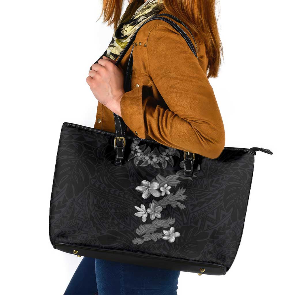 Hawaiian Lei Plumeria and Tropical Leaves Leather Tote Bag Watercolor Style-Grayscale
