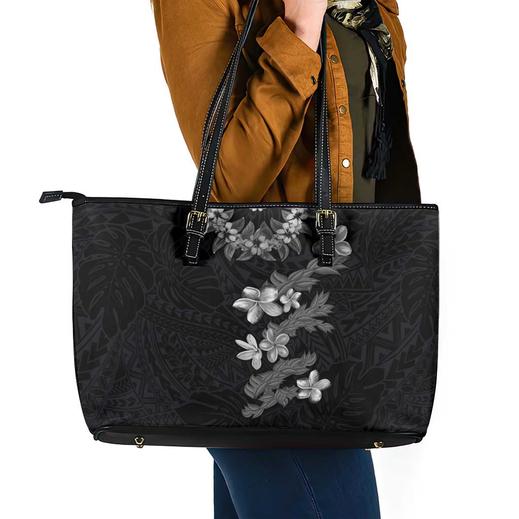 Hawaiian Lei Plumeria and Tropical Leaves Leather Tote Bag Watercolor Style-Grayscale