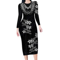 Hawaiian Lei Plumeria and Tropical Leaves Long Sleeve Bodycon Dress Watercolor Style-Grayscale