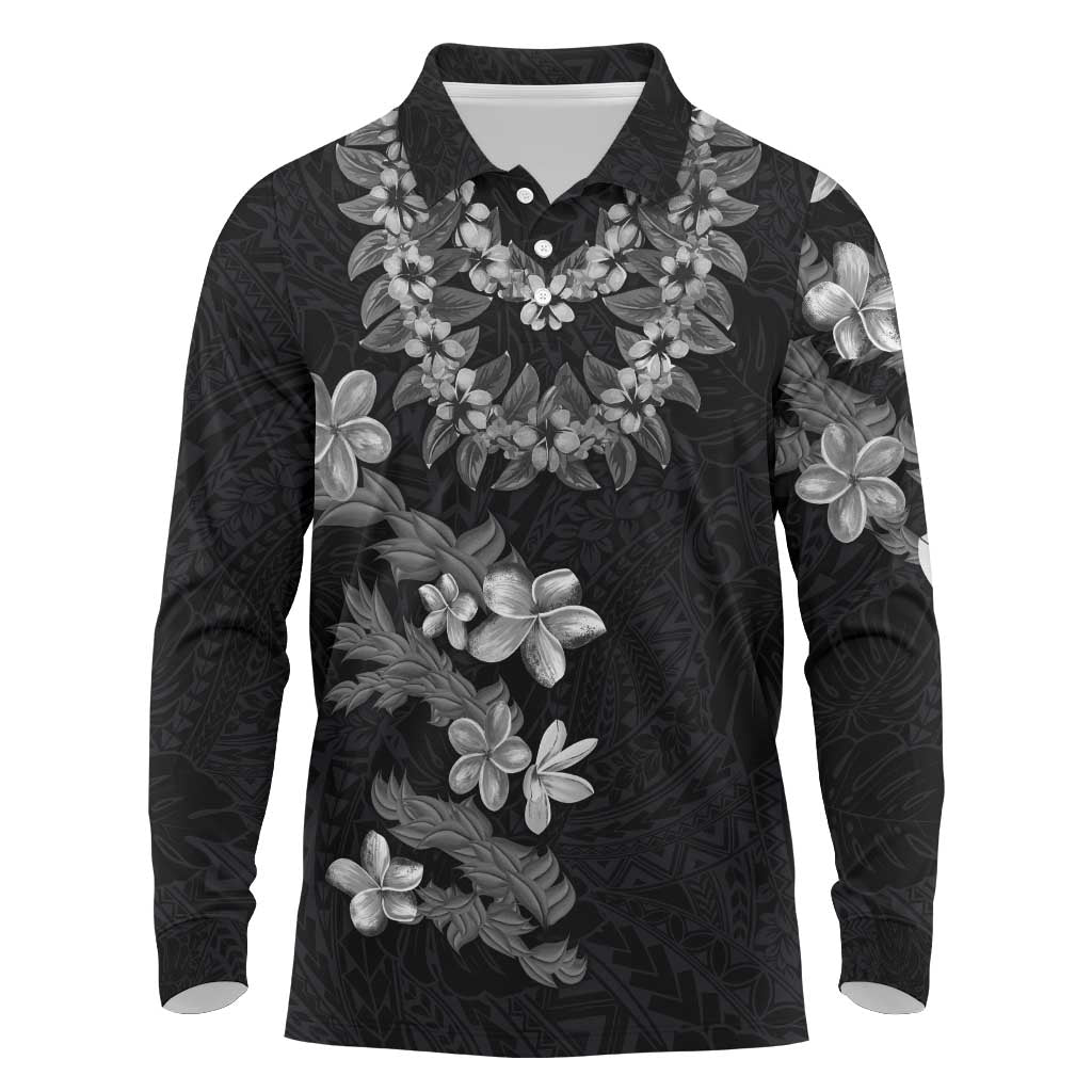 Hawaiian Lei Plumeria and Tropical Leaves Long Sleeve Polo Shirt Watercolor Style-Grayscale