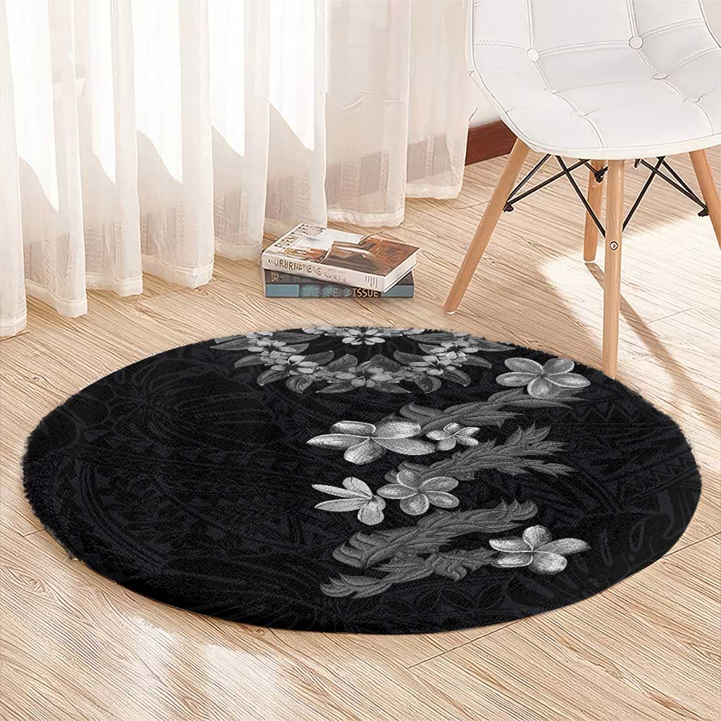 Hawaiian Lei Plumeria and Tropical Leaves Round Carpet Watercolor Style-Grayscale