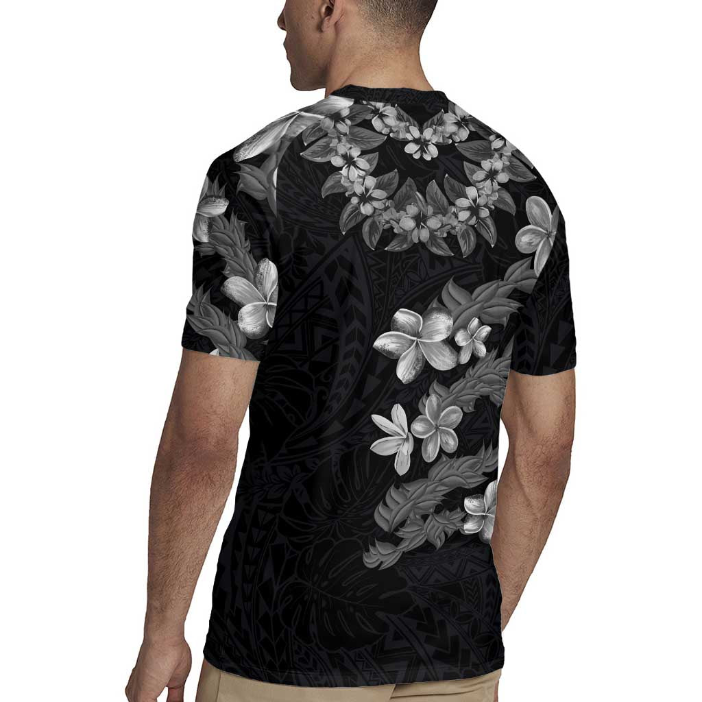 Hawaiian Lei Plumeria and Tropical Leaves Rugby Jersey Watercolor Style-Grayscale
