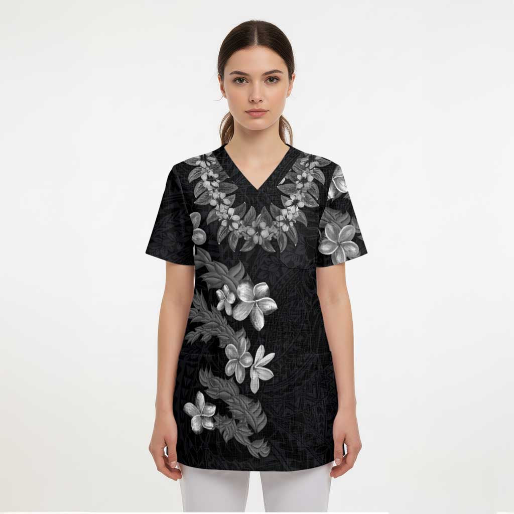 Hawaiian Lei Plumeria and Tropical Leaves Scrub Top Watercolor Style-Grayscale - Polynesian Pride