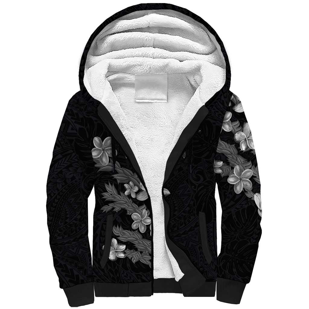 Hawaiian Lei Plumeria and Tropical Leaves Sherpa Hoodie Watercolor Style-Grayscale