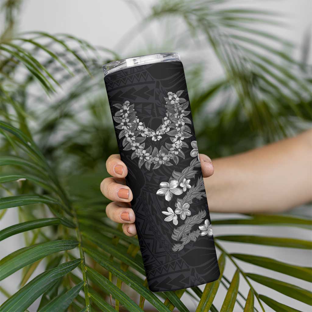 Hawaiian Lei Plumeria and Tropical Leaves Skinny Tumbler Watercolor Style-Grayscale