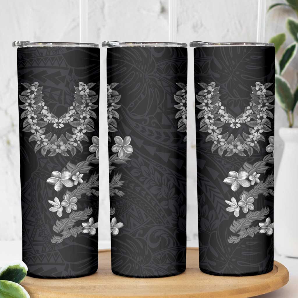 Hawaiian Lei Plumeria and Tropical Leaves Skinny Tumbler Watercolor Style-Grayscale
