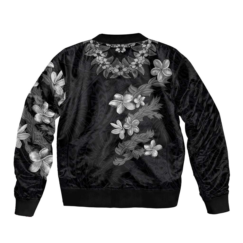 Hawaiian Lei Plumeria and Tropical Leaves Sleeve Zip Bomber Jacket Watercolor Style-Grayscale