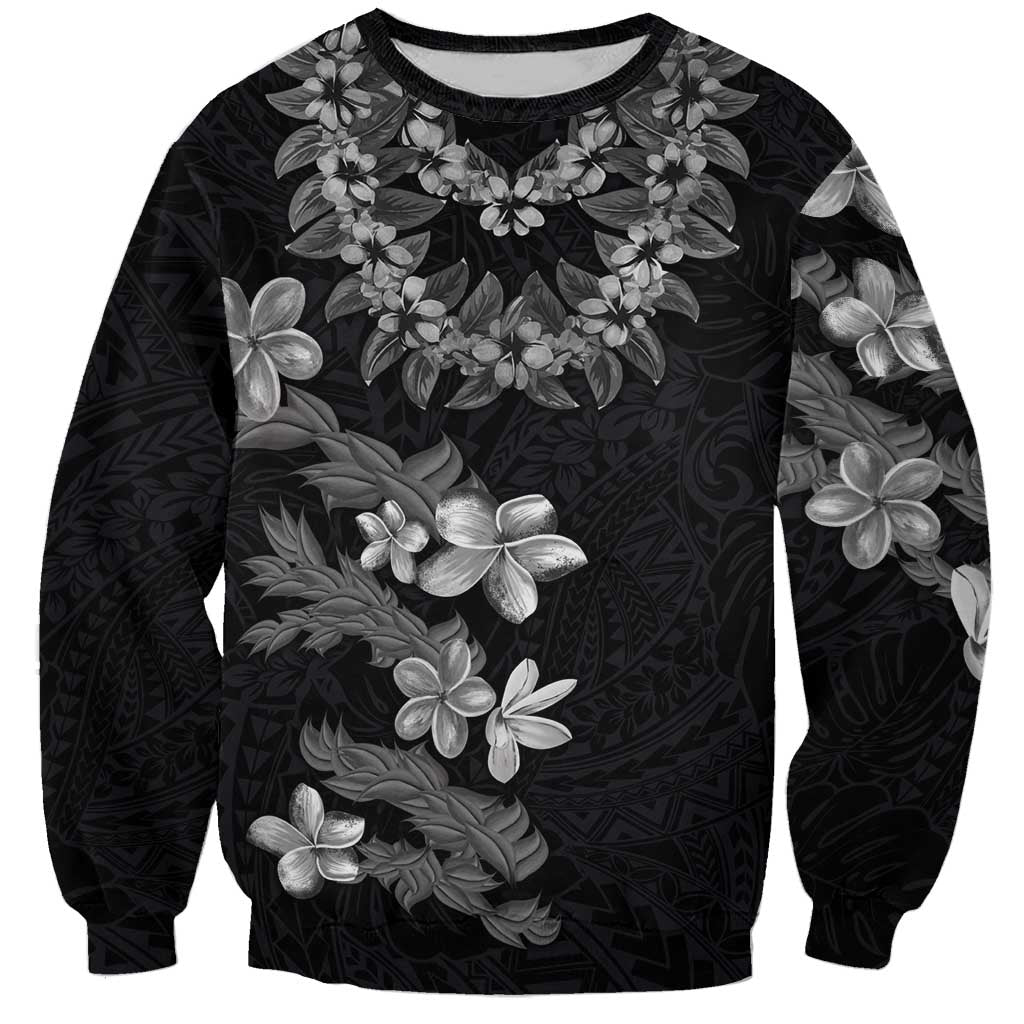 Hawaiian Lei Plumeria and Tropical Leaves Sweatshirt Watercolor Style-Grayscale