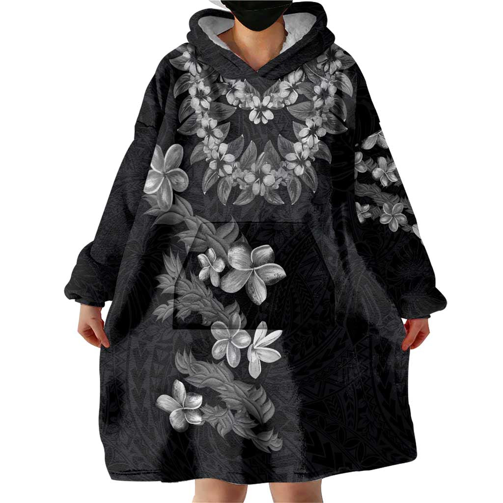 Hawaiian Lei Plumeria and Tropical Leaves Wearable Blanket Hoodie Watercolor Style-Grayscale