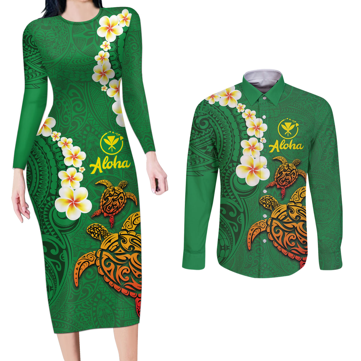 Hawaii Turtle Plumeria Flower Couples Matching Long Sleeve Bodycon Dress and Long Sleeve Button Shirt Polynesian Pattern Green Color