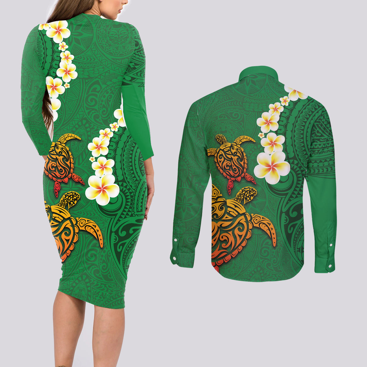 Hawaii Turtle Plumeria Flower Couples Matching Long Sleeve Bodycon Dress and Long Sleeve Button Shirt Polynesian Pattern Green Color