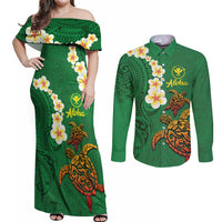Hawaii Turtle Plumeria Flower Couples Matching Off Shoulder Maxi Dress and Long Sleeve Button Shirt Polynesian Pattern Green Color