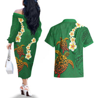 Hawaii Turtle Plumeria Flower Couples Matching Off The Shoulder Long Sleeve Dress and Hawaiian Shirt Polynesian Pattern Green Color