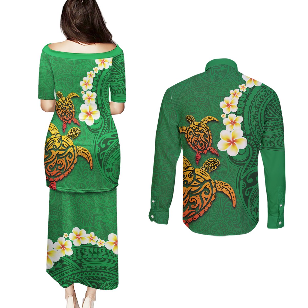 Hawaii Turtle Plumeria Flower Couples Matching Puletasi and Long Sleeve Button Shirt Polynesian Pattern Green Color