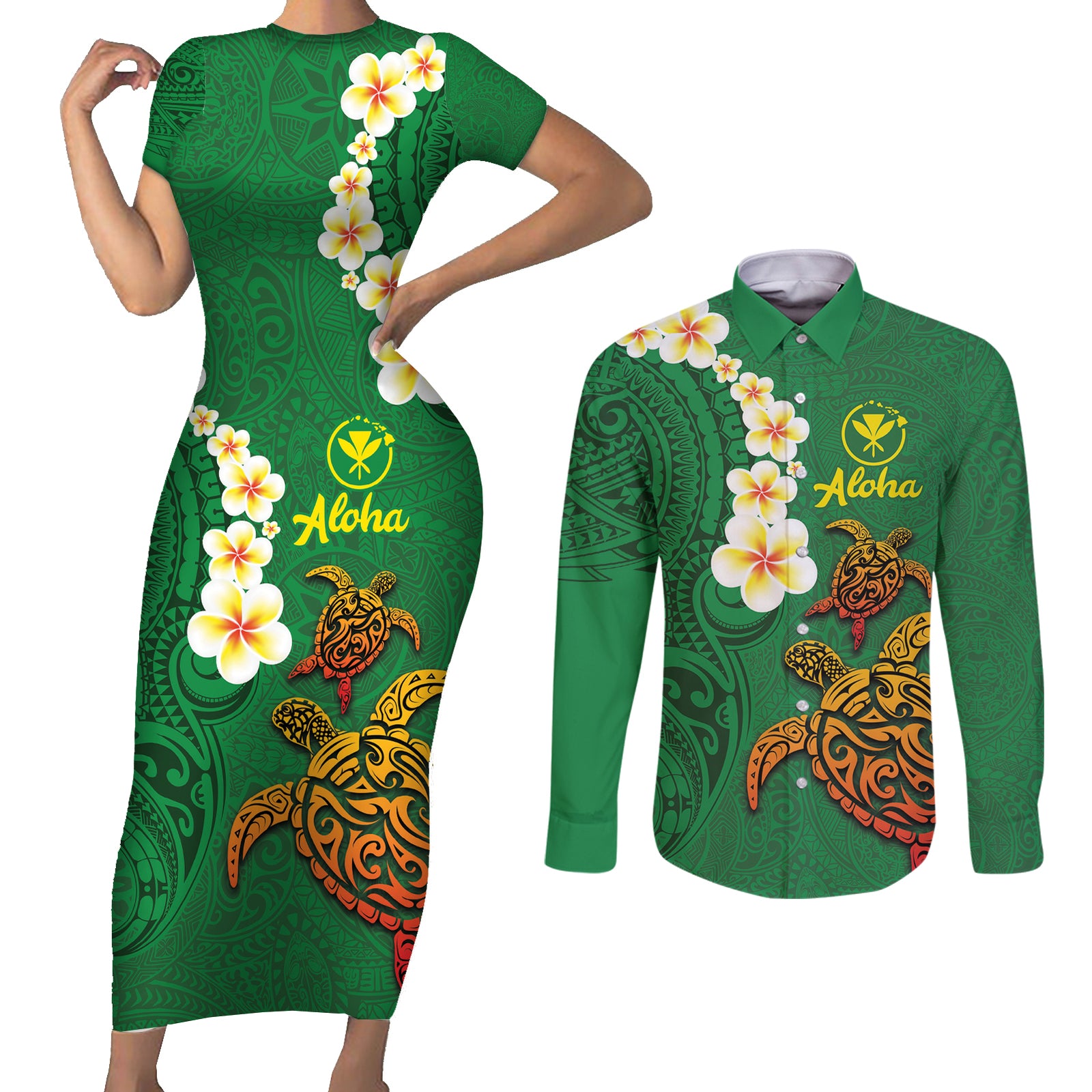 Hawaii Turtle Plumeria Flower Couples Matching Short Sleeve Bodycon Dress and Long Sleeve Button Shirt Polynesian Pattern Green Color