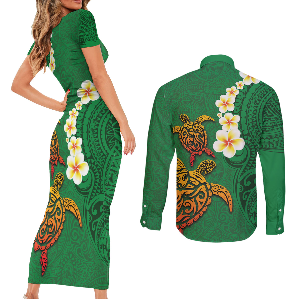 Hawaii Turtle Plumeria Flower Couples Matching Short Sleeve Bodycon Dress and Long Sleeve Button Shirt Polynesian Pattern Green Color
