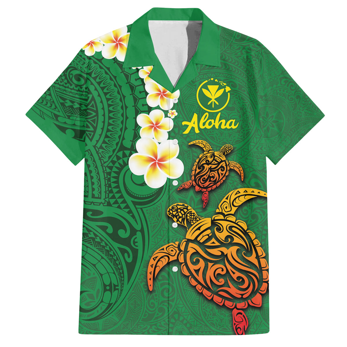 Hawaii Turtle Plumeria Flower Family Matching Long Sleeve Bodycon Dress and Hawaiian Shirt Polynesian Pattern Green Color