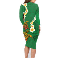 Hawaii Turtle Plumeria Flower Family Matching Long Sleeve Bodycon Dress and Hawaiian Shirt Polynesian Pattern Green Color