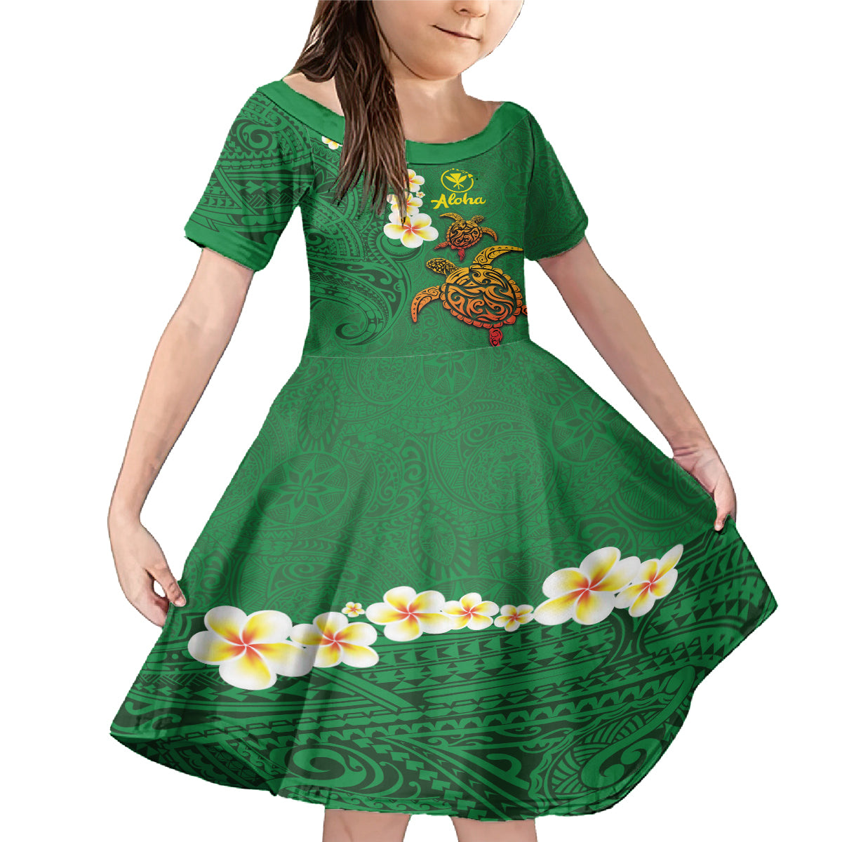 Hawaii Turtle Plumeria Flower Family Matching Mermaid Dress and Hawaiian Shirt Polynesian Pattern Green Color