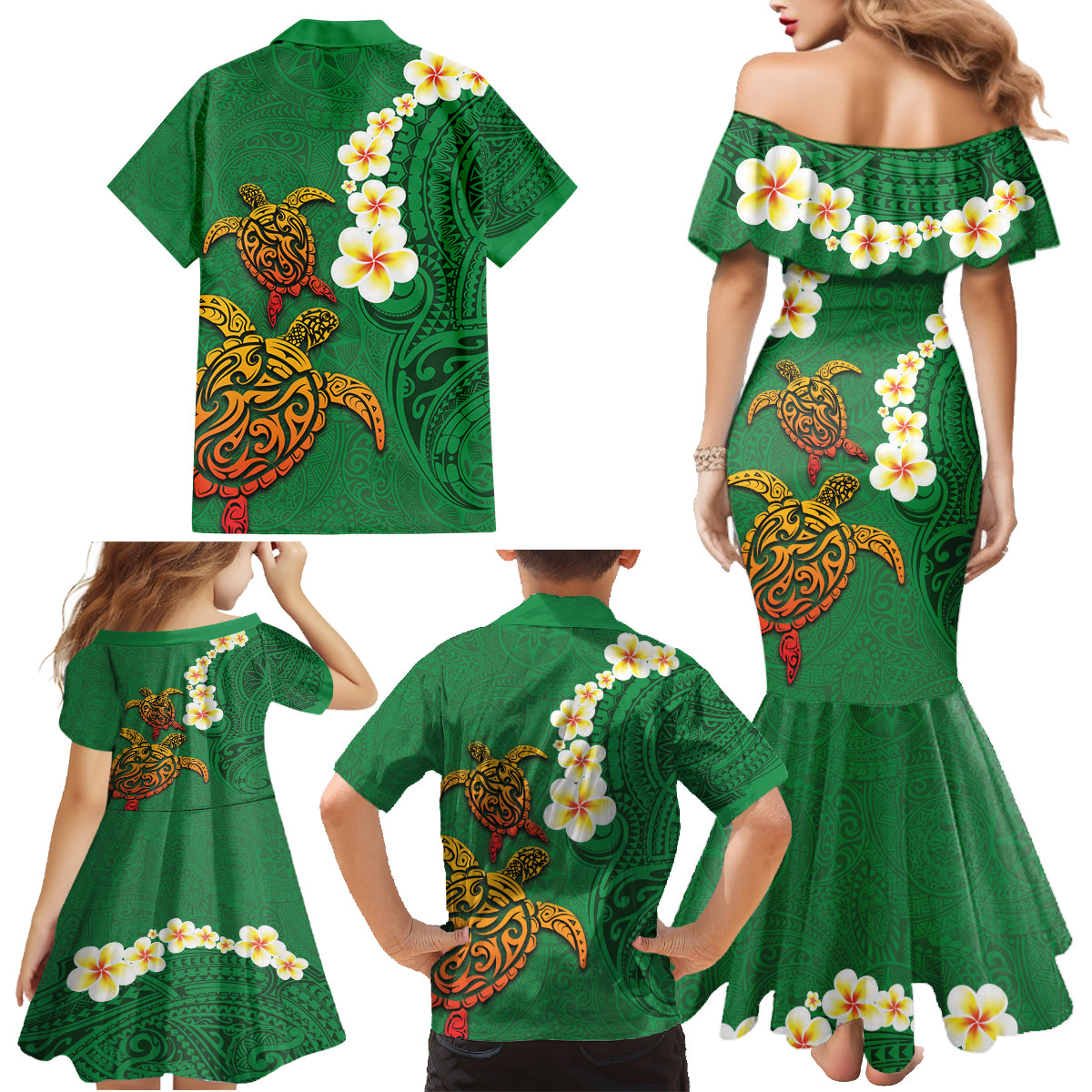 Hawaii Turtle Plumeria Flower Family Matching Mermaid Dress and Hawaiian Shirt Polynesian Pattern Green Color