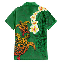 Hawaii Turtle Plumeria Flower Family Matching Off Shoulder Maxi Dress and Hawaiian Shirt Polynesian Pattern Green Color