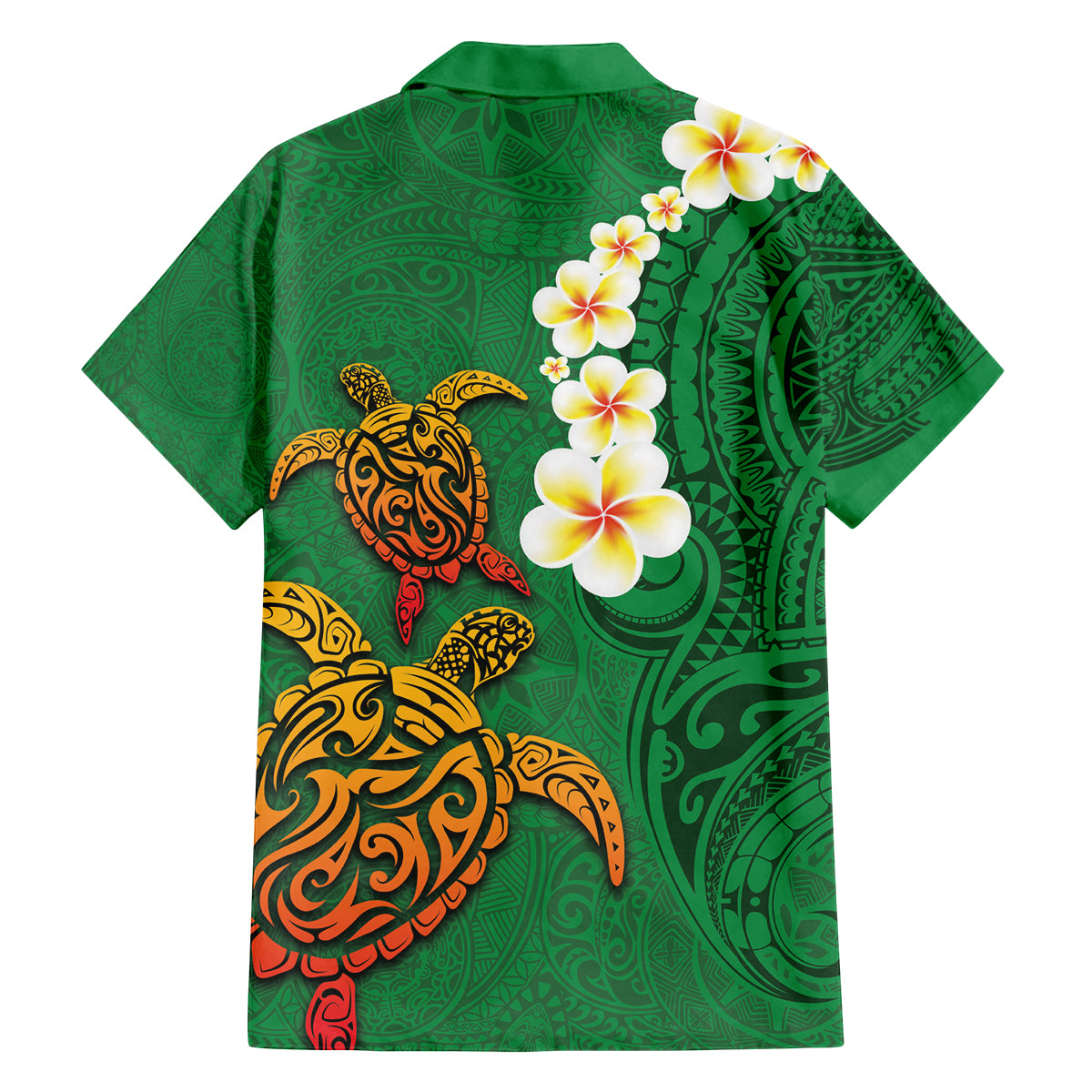 Hawaii Turtle Plumeria Flower Family Matching Summer Maxi Dress and Hawaiian Shirt Polynesian Pattern Green Color