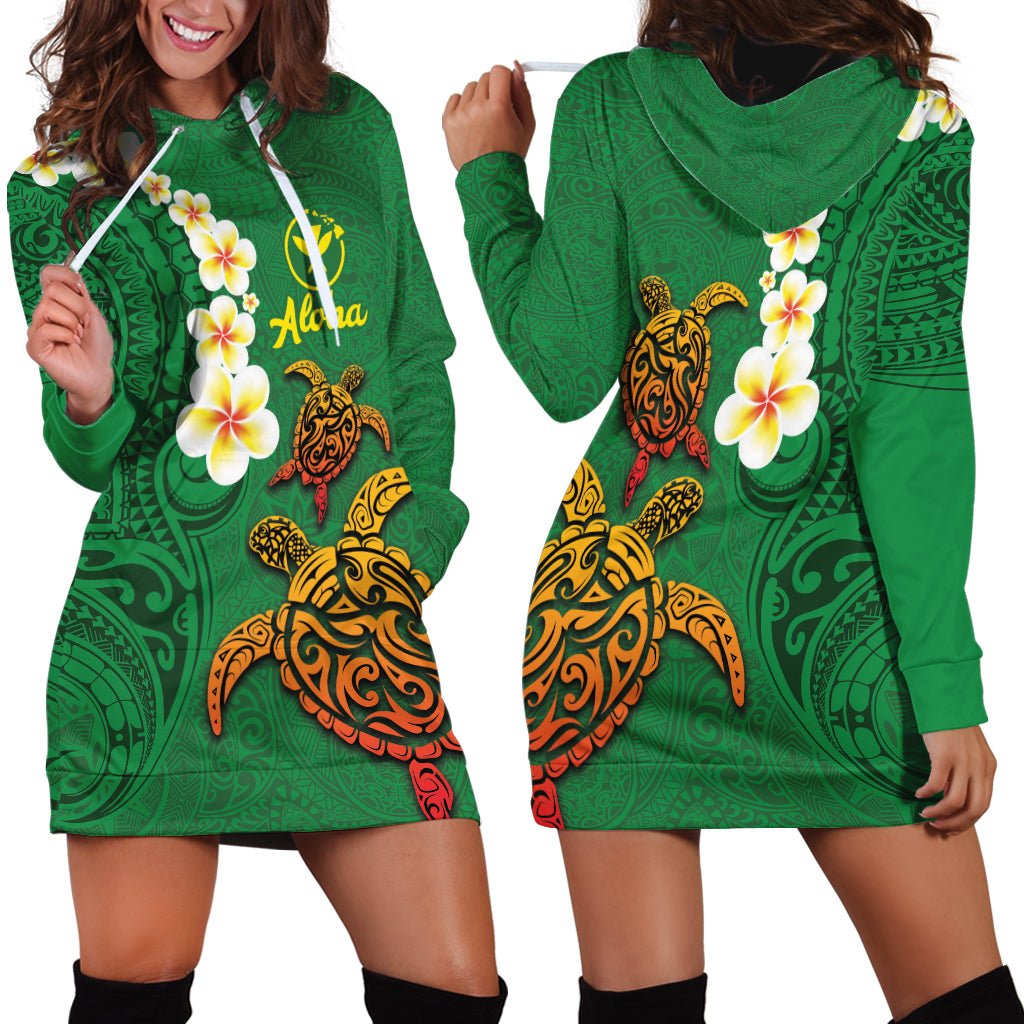 Hawaii Turtle Plumeria Flower Hoodie Dress Polynesian Pattern Green Color